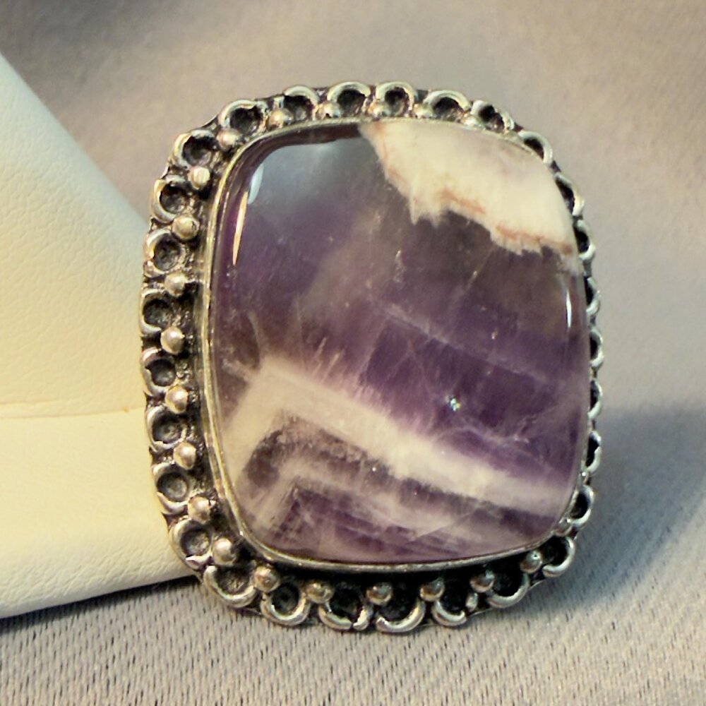 Amethyst Ring Chevron Quartz Silver Statement Ring Size 8.75